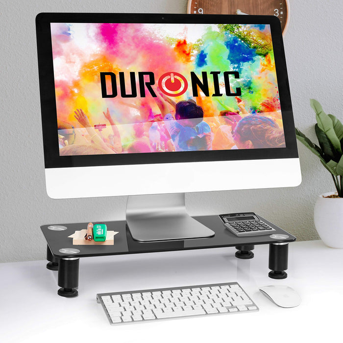 Duronic Monitor Stand Riser DM051 | Laptop and Screen Stand for Desktop | Black Tempered Glass | Support for a TV or PC Computer Monitor | Ergonomic Office Desk Shelf | 40kg Capacity | 63x25cm