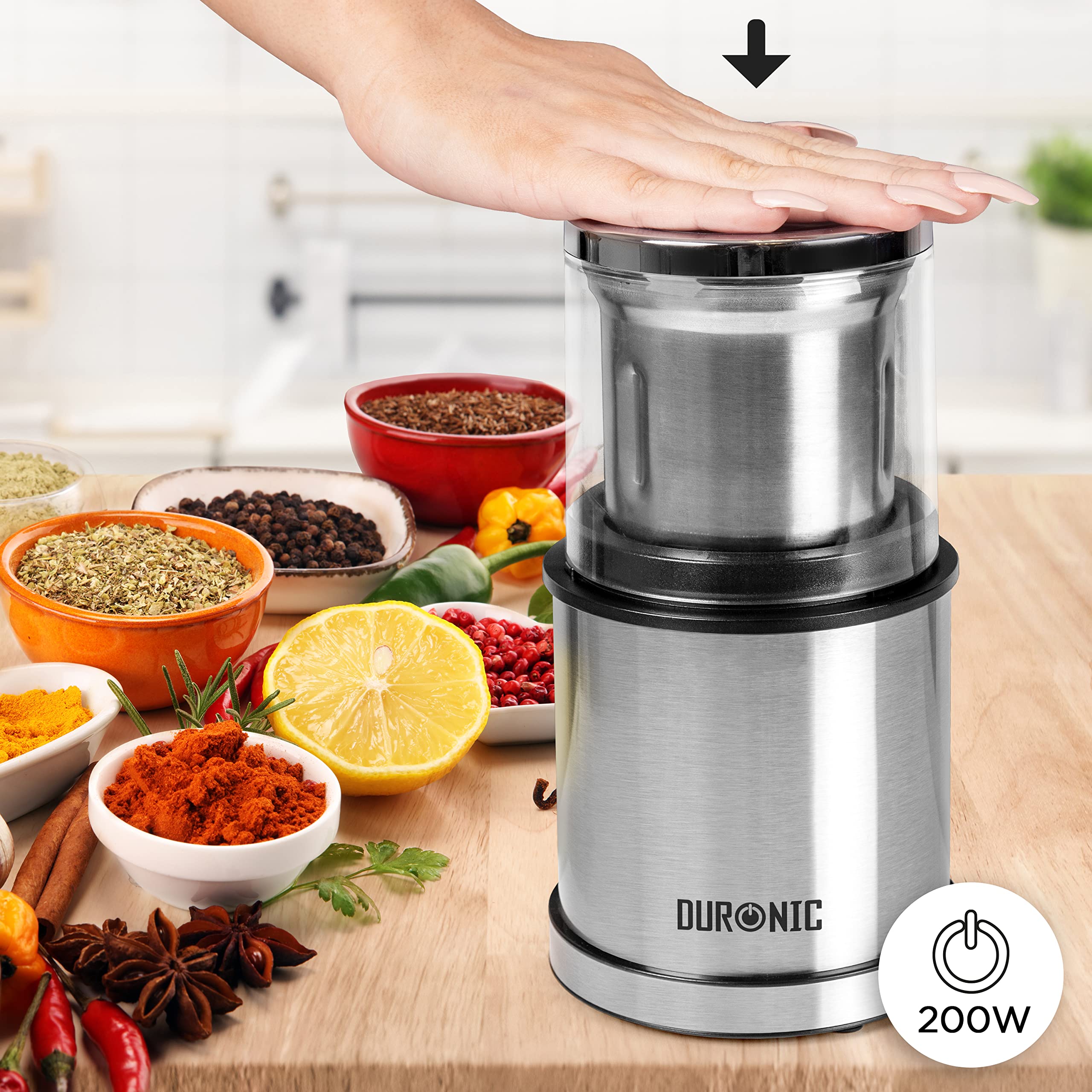 Duronic Electric Blade Coffee Grinder CG421 | 2 in 1 Spice Mill Grinder Kitchen Machine | Wet & Dry Grinding Mini Mill Hopper | 75g/220ml | 200W | 2X Stainless Steel Cups | Beans, Herbs, Nuts…