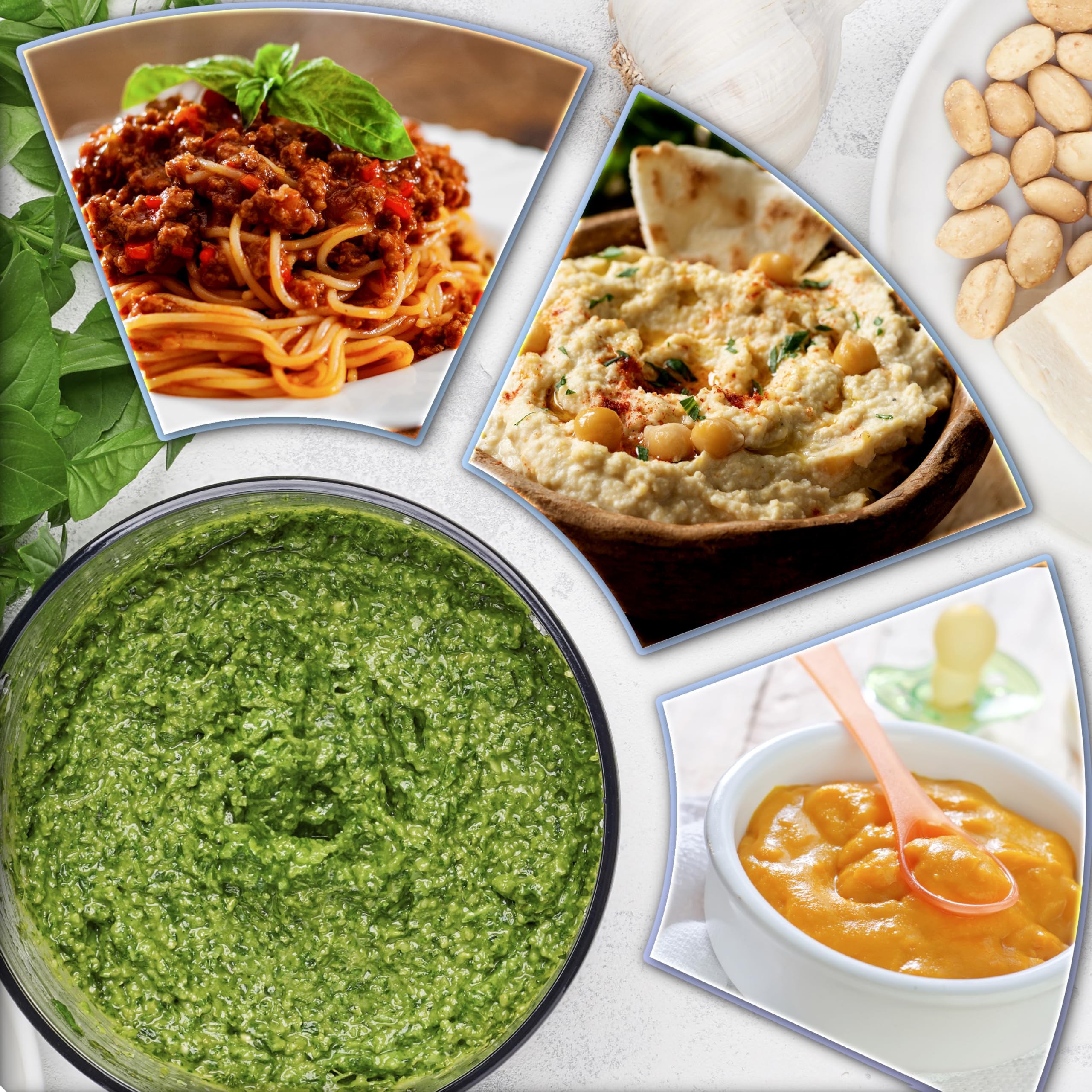 A collage of various blended foods including a large bowl of fresh green pesto, spaghetti bolognese, creamy hummus with pita, and smooth orange baby puree.