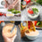 A four-step collage demonstrates the process of making a creamy dipping sauce, from chopping fresh vegetables and combining them with yogurt to blending the mixture with a hand blender and serving it with a taco.