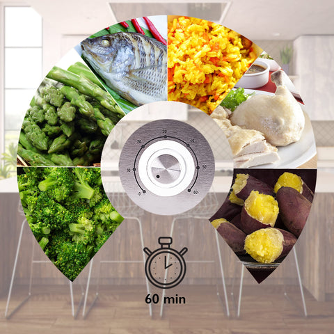 Collage of various steamed foods fish, rice, chicken, sweet potatoes, broccoli, asparagus around a 60-minute timer.