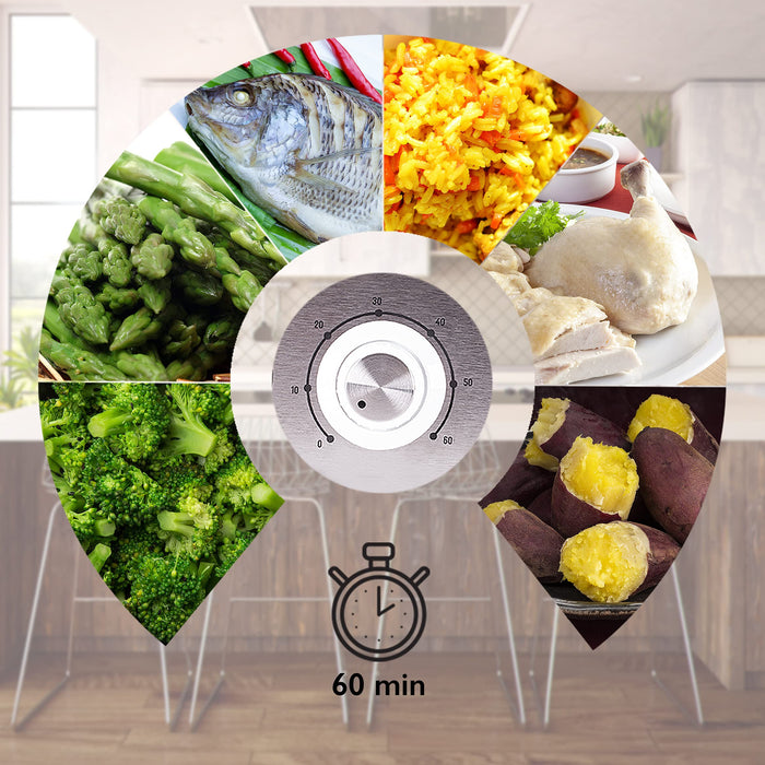 Collage of various steamed foods fish, rice, chicken, sweet potatoes, broccoli, asparagus around a 60-minute timer.