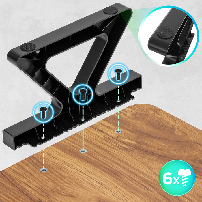 Diagram showing a black Z-shaped desk leg being attached to a wooden tabletop with screws.