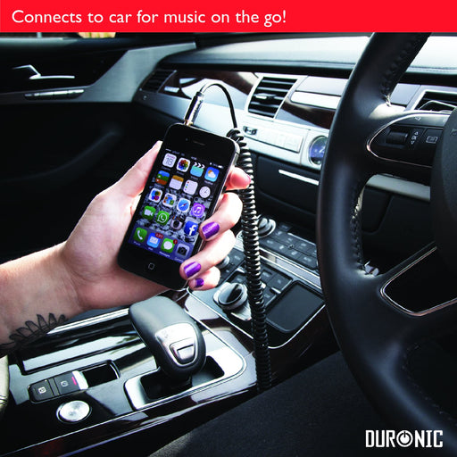 Duronic 2M Aux Audio Cable with a person holding a smartphone connected to a car stereo