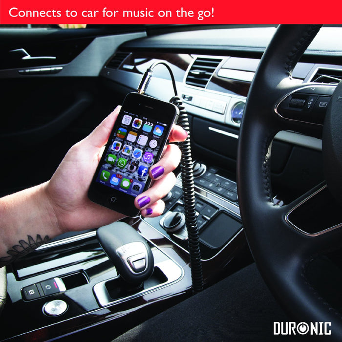 Duronic 2M Aux Audio Cable with a person holding a smartphone connected to a car stereo
