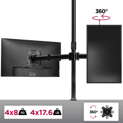 Duronic 4 Screen Monitor Stand with 360-degree rotation, supporting up to four 17.6-pound screens.