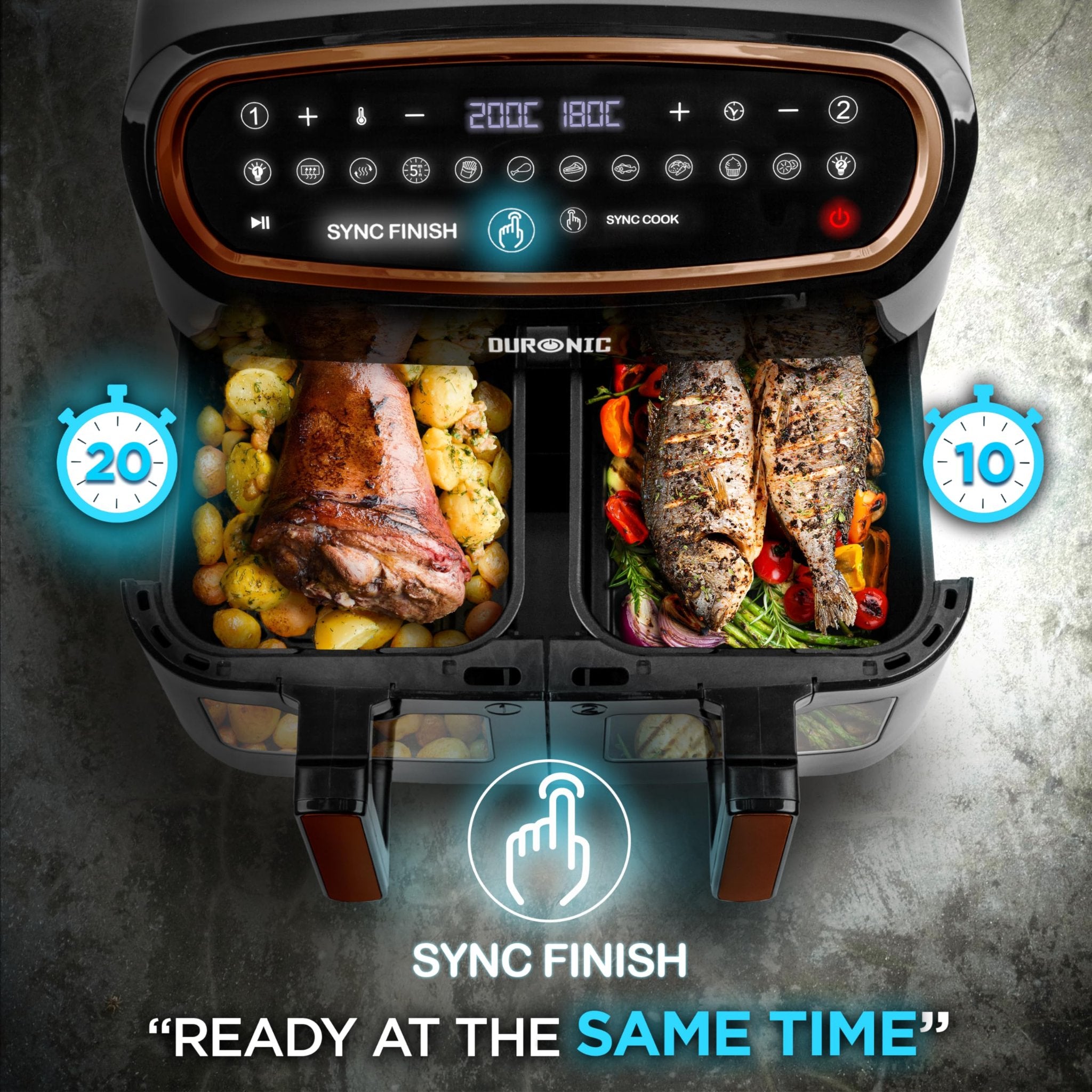 Duronic AF34 BG dual drawer air fryer cooking lamb meat potatoes fish vegetables sync finish