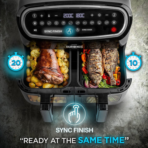 Duronic AF34 BK double drawer air fryer with Sync Finish cooking roast meat, fish, vegetables, potatoes simultaneously