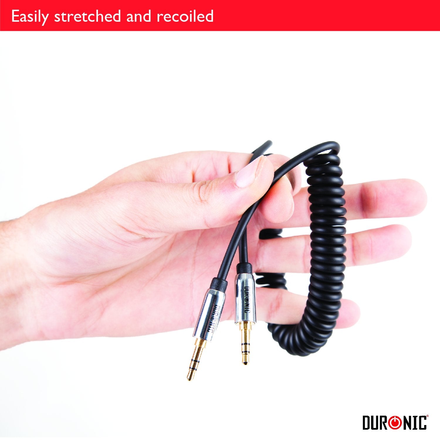 Duronic Aux Audio Cable with gold-plated connectors, demonstrating its ability to easily stretch and recoil.