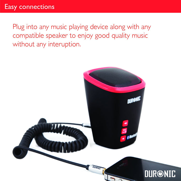 Duronic Aux Audio Cable with red accents shown connected to a smartphone via a coiled 3.5mm auxiliary cable.