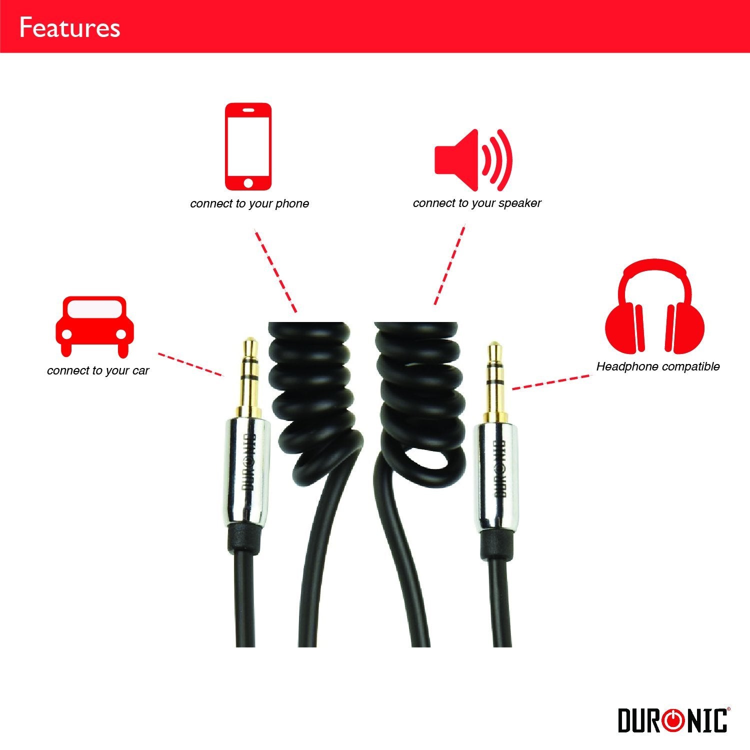 Duronic Aux Cable 3M with icons highlighting its compatibility for connecting phones to cars, speakers, and headphones.