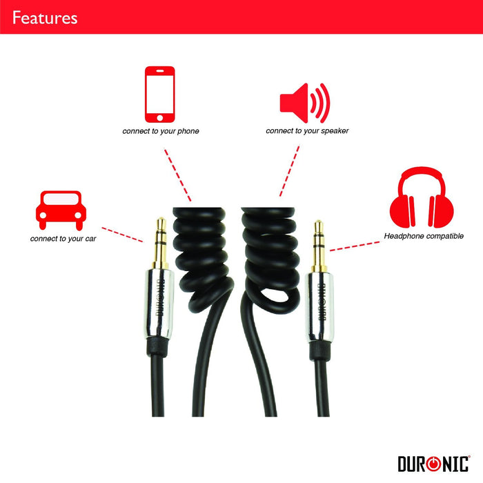 Duronic Aux Cable 3M with icons highlighting its compatibility for connecting phones to cars, speakers, and headphones.