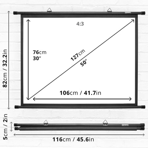 Duronic BPS50/43 screen for projection dimensions showing length height width and depth of the projector screen