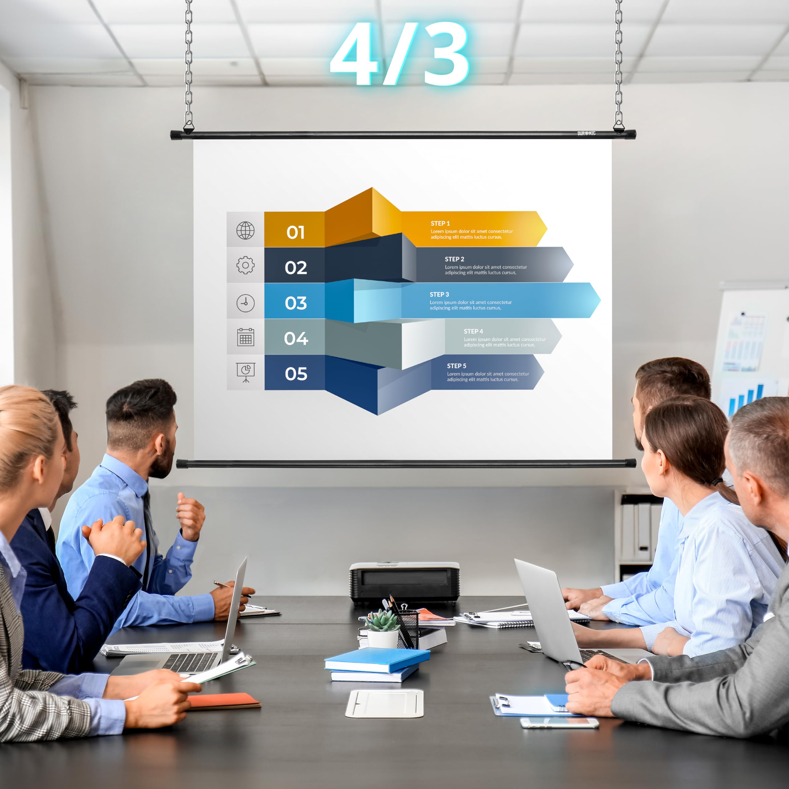 Duronic Bar Projector Screen business team in a conference room viewing a five-step infographic