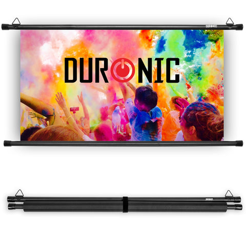 Duronic Bar Projector Screen  displaying a vibrant, colorful crowd scene, shown both fully extended and rolled up for portable storage.