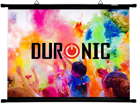 Duronic Bar Projector Screen displaying a vibrant, colorful crowd scene with a central power symbol logo.