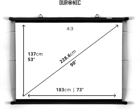 Duronic Bar Projector Screen displaying dimensions of 90-inch diagonal, 53-inch height, and 73-inch width.