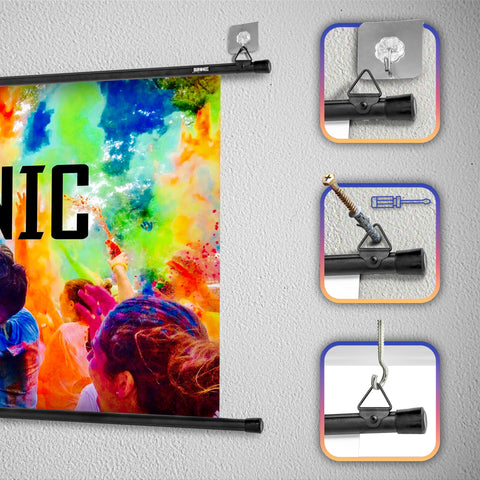 Duronic Bar Projector Screen showcasing three versatile installation options using adhesive hooks, wall screws, or ceiling hooks.