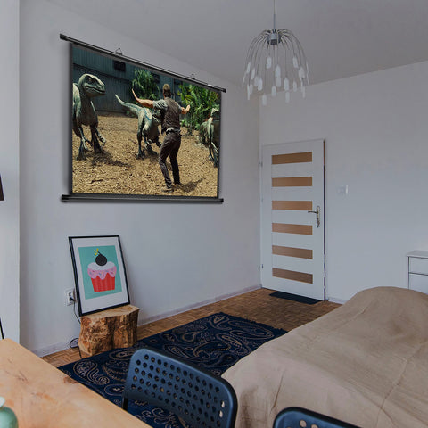 Duronic Bar Projector Screen showing a movie scene with dinosaurs.