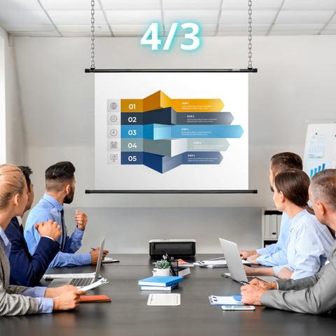 Duronic Bar Projector Screen with a team of business professionals sits in a bright conference room