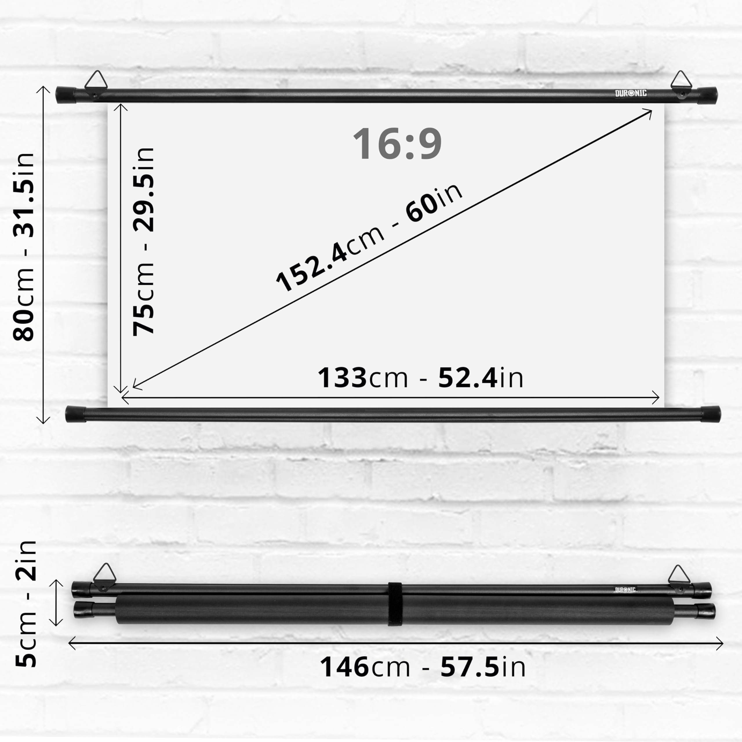 Duronic Bar Projector Screen with dimensions showing a 133cm width, 75cm height, and a compact 146cm rolled-up length for easy storage.