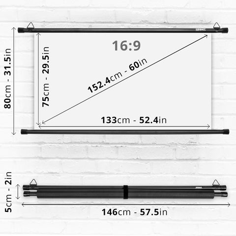 Duronic Bar Projector Screen with dimensions showing a 133cm width, 75cm height, and a compact 146cm rolled-up length for easy storage.
