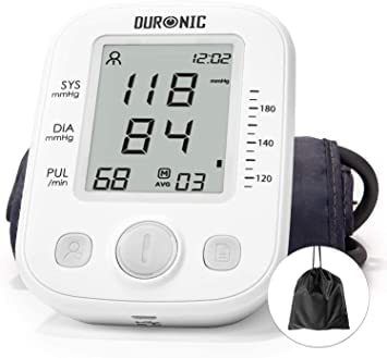 Duronic Blood Pressure Monitor displaying clear readings next to its black drawstring storage bag.