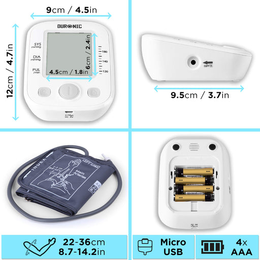 Duronic Blood Pressure Monitor showing dimensions, cuff size, micro USB port, and battery compartment.