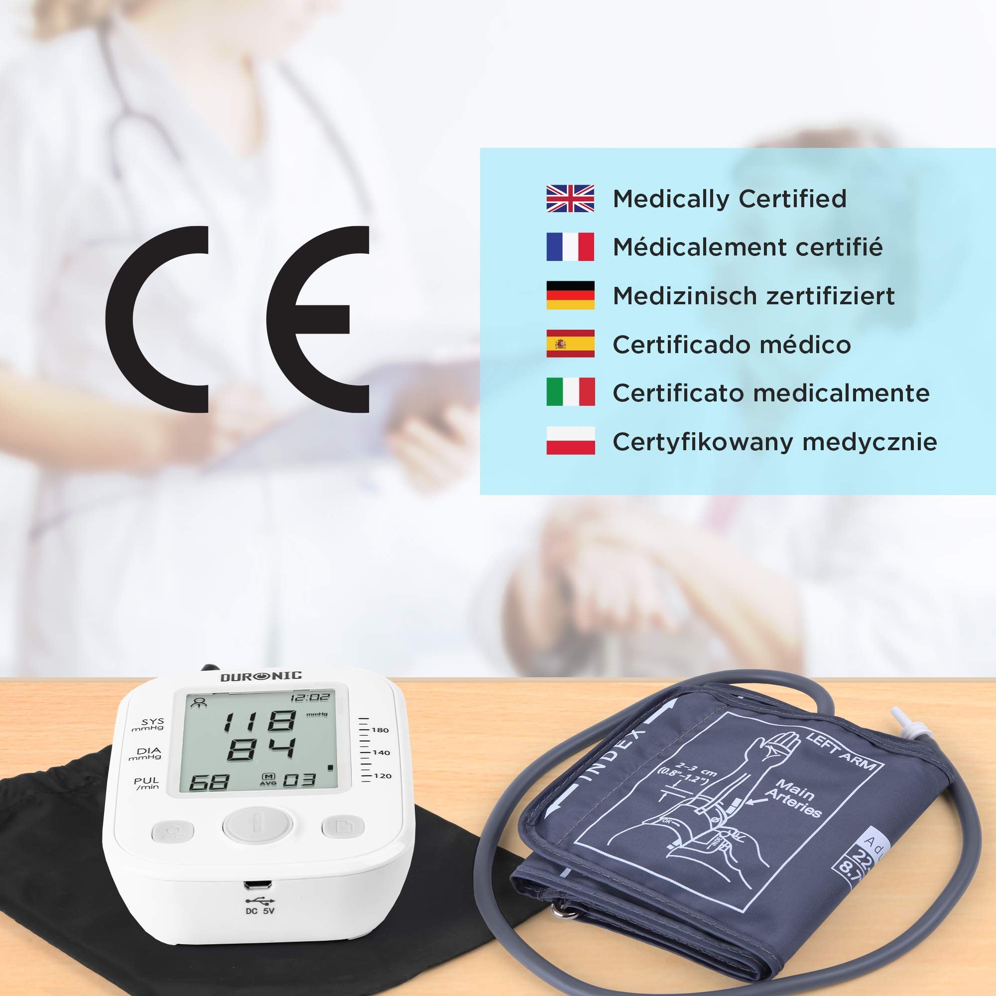 Duronic Blood Pressure Monitor with cuff beside an official medical certification graphic.