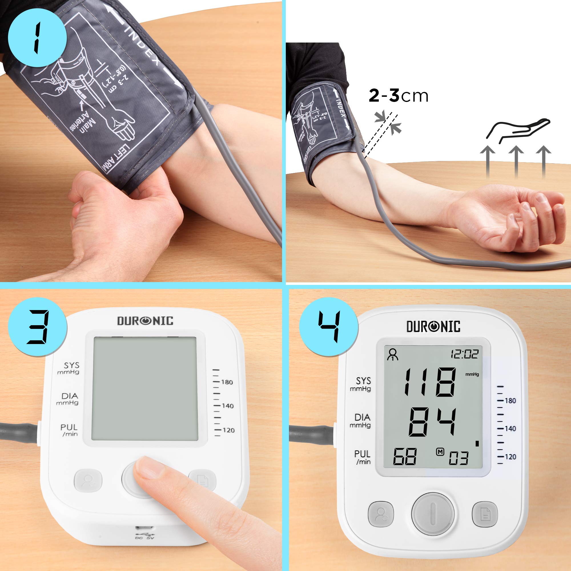 Duronic Blood Pressure Monitor with instruction on how to wrap a blood pressure cuff and read the monitor.