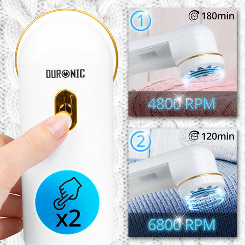 Duronic Bobble Remover featuring two adjustable speed settings: 4800 RPM for 180 minutes of use and 6800 RPM for 120 minutes, operated by a simple double-tap power button.