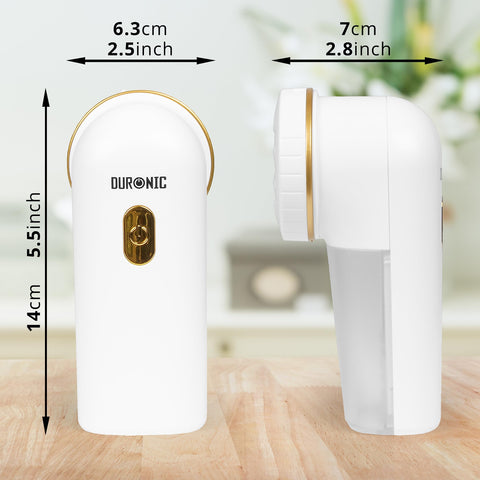 Duronic Bobble Remover showing its compact dimensions of 14cm in height, 6.3cm in width, and 7cm in depth.