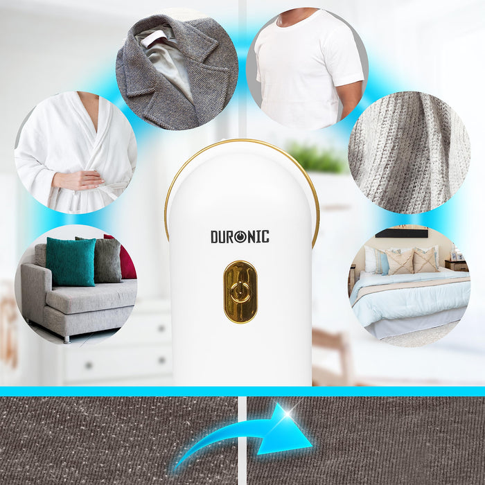 Duronic Bobble Remover surrounded by circular icons demonstrating its use on coats, t-shirts, blankets, bedding, upholstery, and robes to remove lint and pilling.