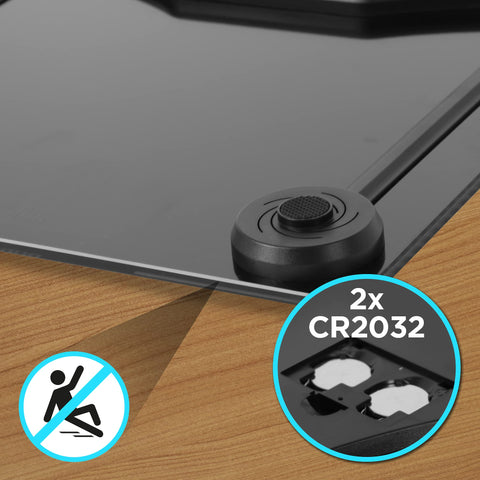 Duronic Body Scales featuring non-slip feet and a dual CR2032 battery compartment.