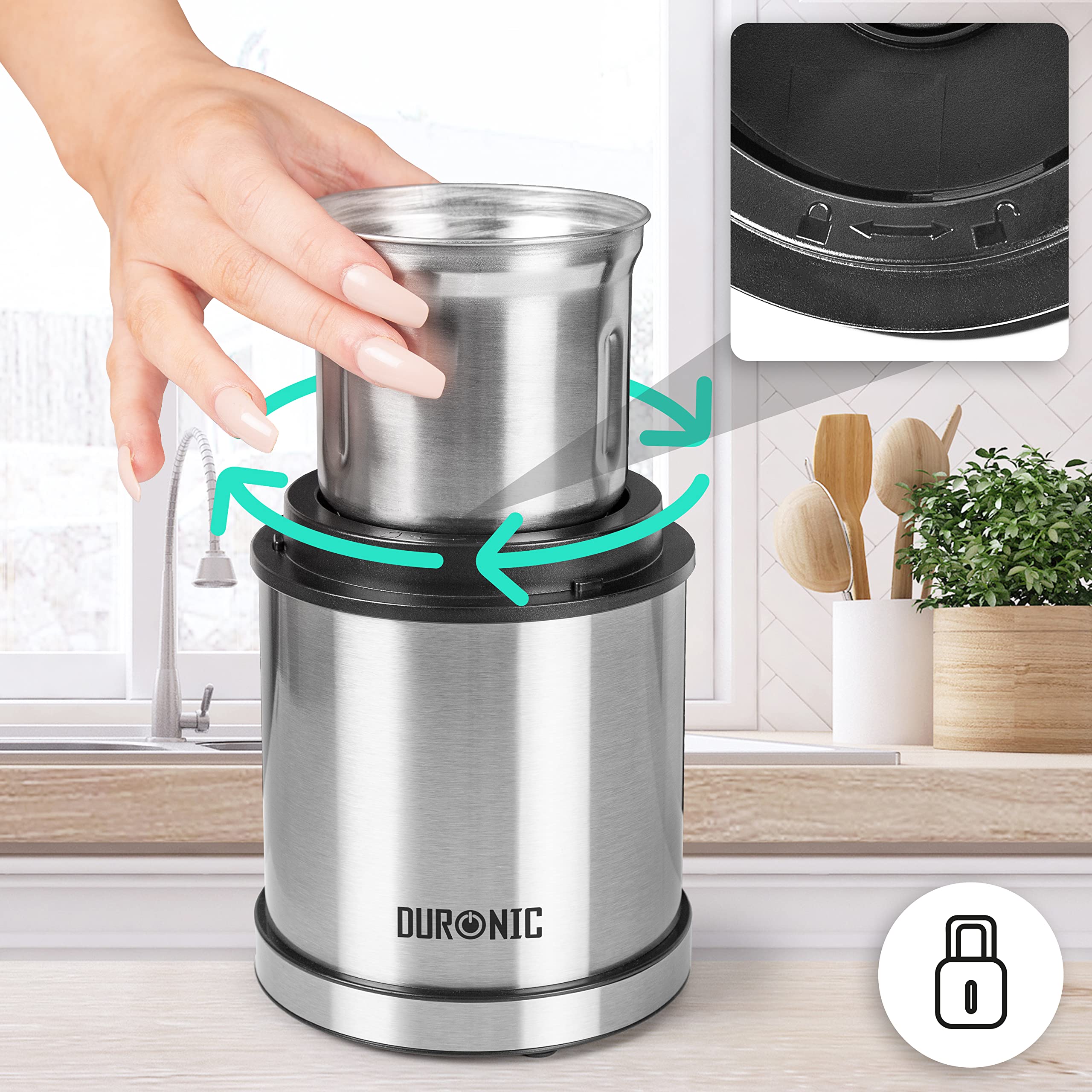 Duronic CG421 electric coffee grinder locking mechanism seal for smooth easy grinding