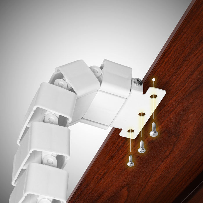 Duronic Cable Management Spine modular cable management spine being installed onto the underside of a wooden desk using three silver screws. 