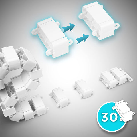 Duronic Cable Management Spine set of 30 white, interlocking plastic cable management chain links shown individually and connected in a flexible, modular track.