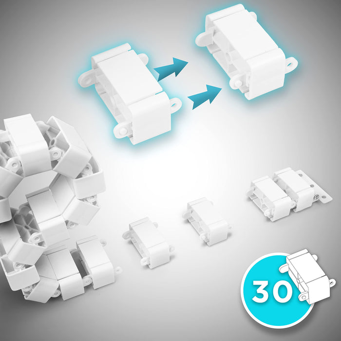 Duronic Cable Management Spine set of 30 white, interlocking plastic cable management chain links shown individually and connected in a flexible, modular track.