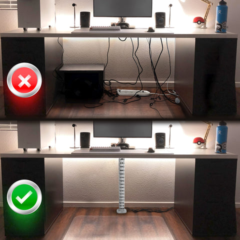 Duronic Cable Management Spine showing a cluttered mess of wires contrasted with a clean setup using a vertical cable spine organizer.