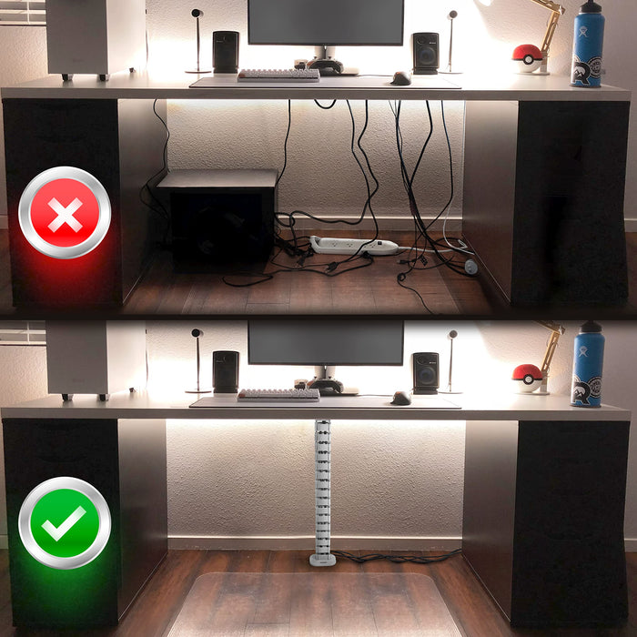 Duronic Cable Management Spine showing a cluttered mess of wires contrasted with a clean setup using a vertical cable spine organizer.