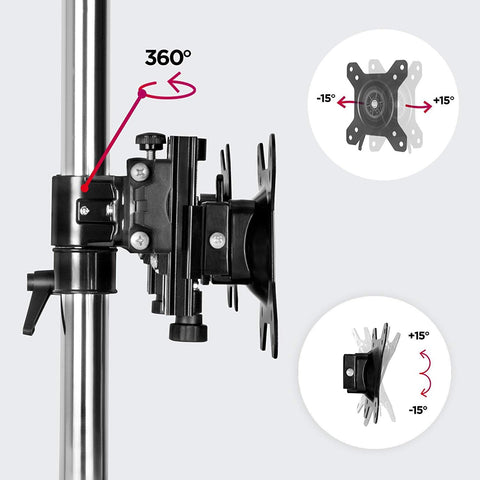 Duronic Computer Monitor Arms Stand Adjustable black metal monitor mount attached to a silver pole featuring 360° rotation, +/-15° tilt, and +/-15° swivel capabilities for ergonomic viewing.