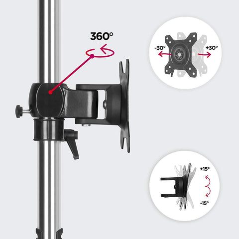 Duronic Computer Monitor Arms Stand demonstrating 360-degree rotation, 30-degree swivel, and 15-degree tilt features.