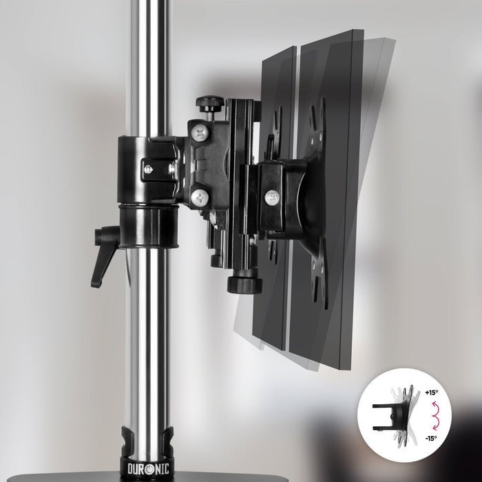 Duronic Computer Monitor Arms Stand featuring a black VESA bracket on a chrome pole, demonstrating a +15° to -15° vertical tilt adjustment.