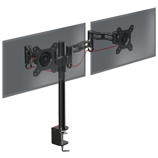 Duronic Computer Monitor Arms Stand featuring adjustable articulating arms, integrated cable management clips, and a heavy-duty C-clamp for secure tabletop installation