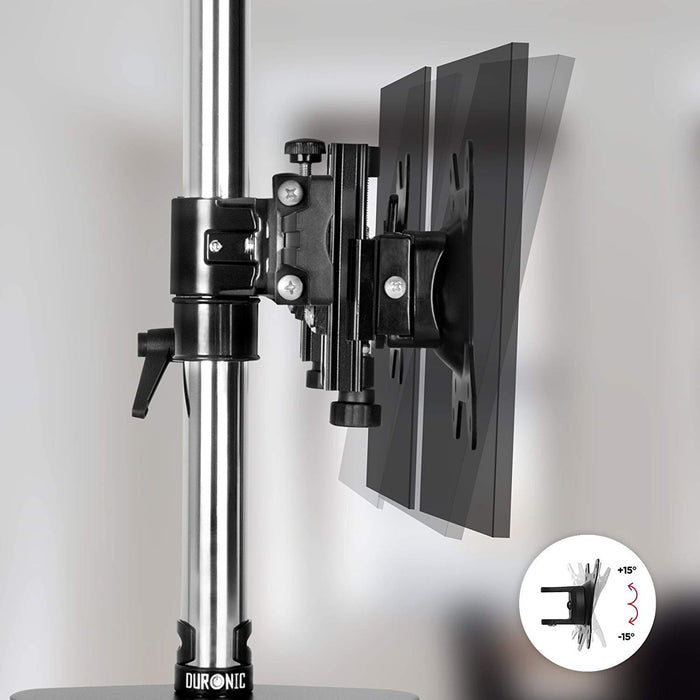 Duronic Computer Monitor Arms Stand highlighting its +15° to -15° tilt functionality on a chrome pole.