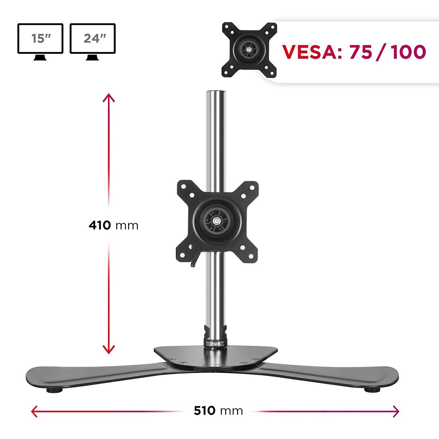 Duronic Computer Monitor Arms Stand with a 410mm pole, 510mm base, and VESA 75/100 mount.