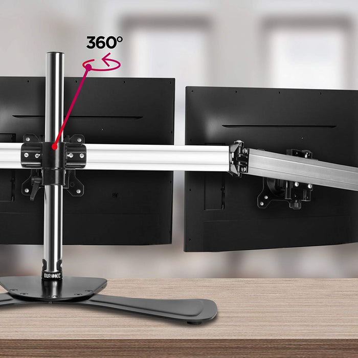 Duronic Computer Monitor Arms Stand with a silver pole and adjustable arms, highlighting its 360-degree rotation capability.