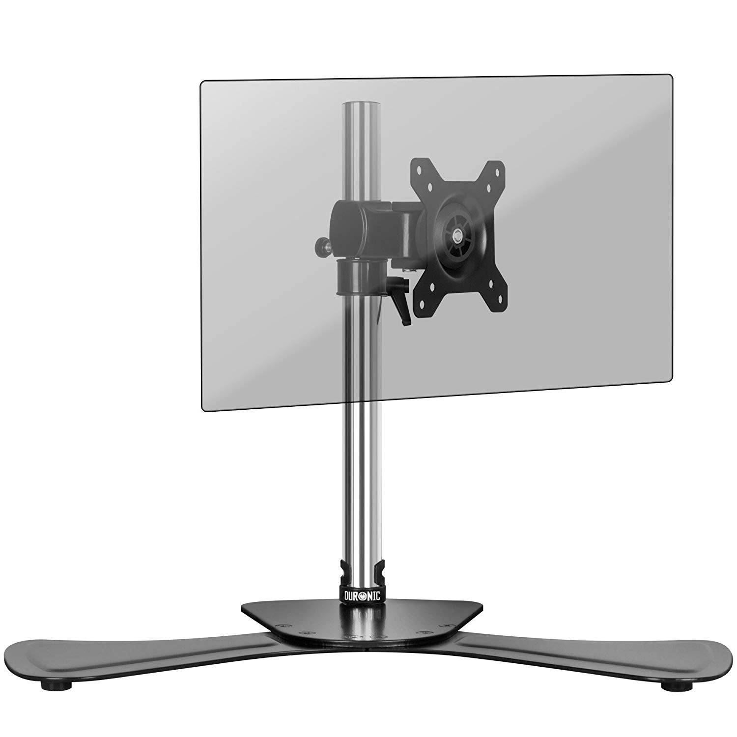 Duronic Computer Monitor Arms Stand with a weighted V-shaped base, chrome pole, and VESA mount.