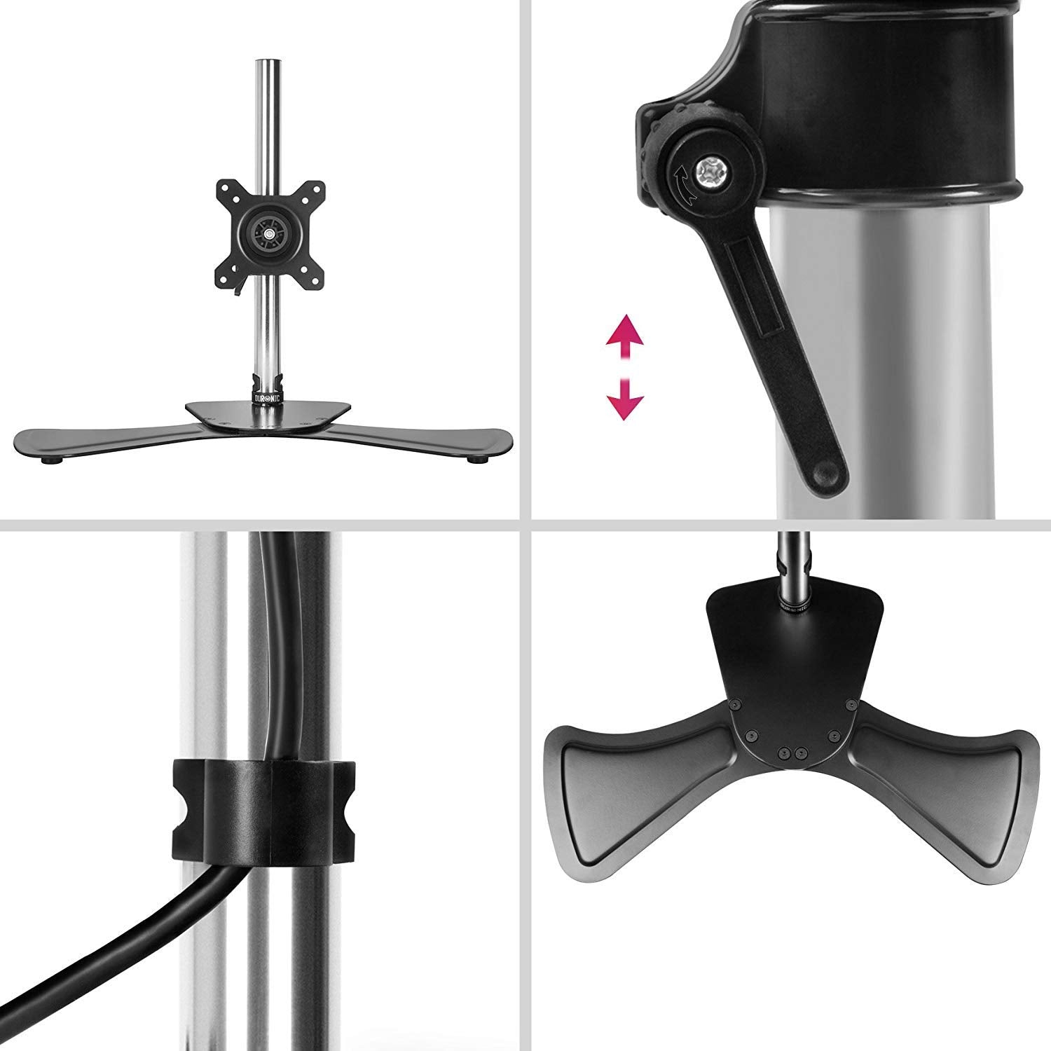 Duronic Computer Monitor Arms Stand with adjustable height, integrated cable management clip, and stable base.