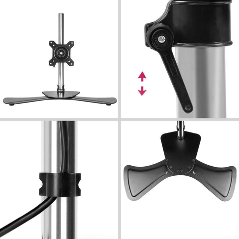 Duronic Computer Monitor Arms Stand with adjustable height, integrated cable management clip, and stable base.